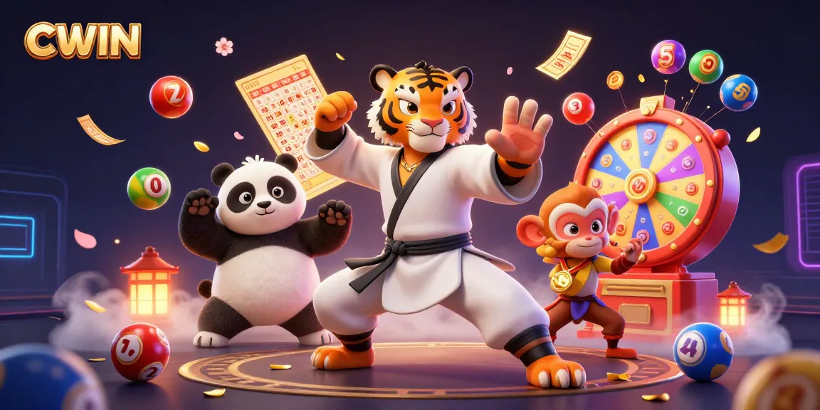 CWIN offers a thrilling gaming experience with a kung fu tiger and panda disciple amidst vibrant lottery elements.