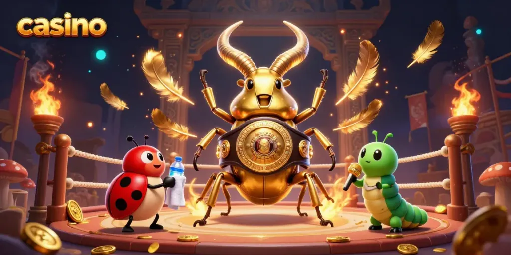 Engage in thrilling casino gameplay with a giant stag beetle and lucky symbols in a vibrant arena.