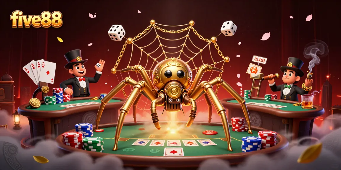 Experience the thrill of five88 with a steampunk spider in a dynamic poker scene.