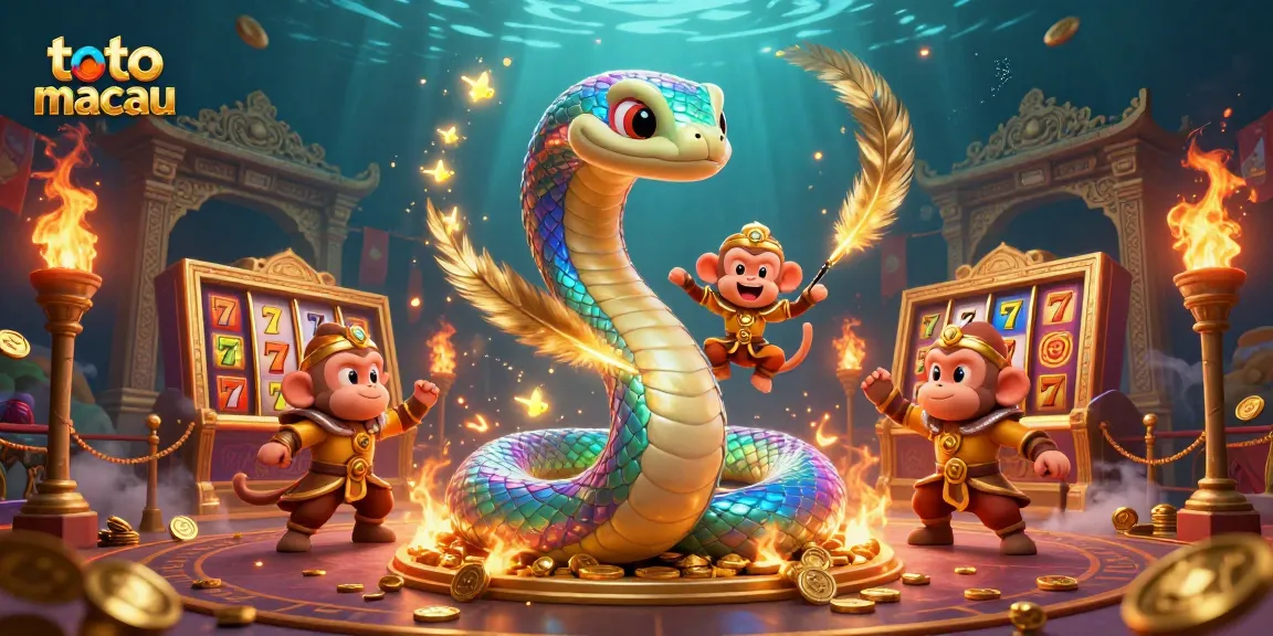Rasakan keseruan toto macau dengan ilustrasi kasino yang menampilkan naga pelangi, raja monyet, dan elemen permainan yang penuh warna.
