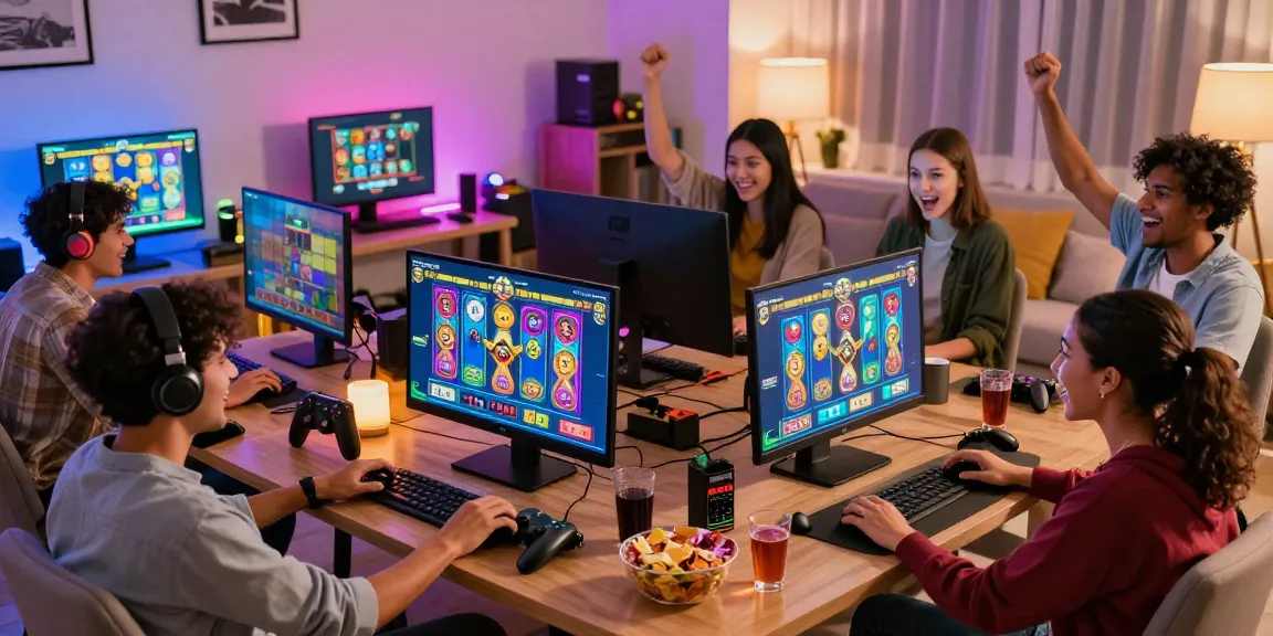 Group enjoying situs judi slot online gaming with colorful displays and a cozy atmosphere.