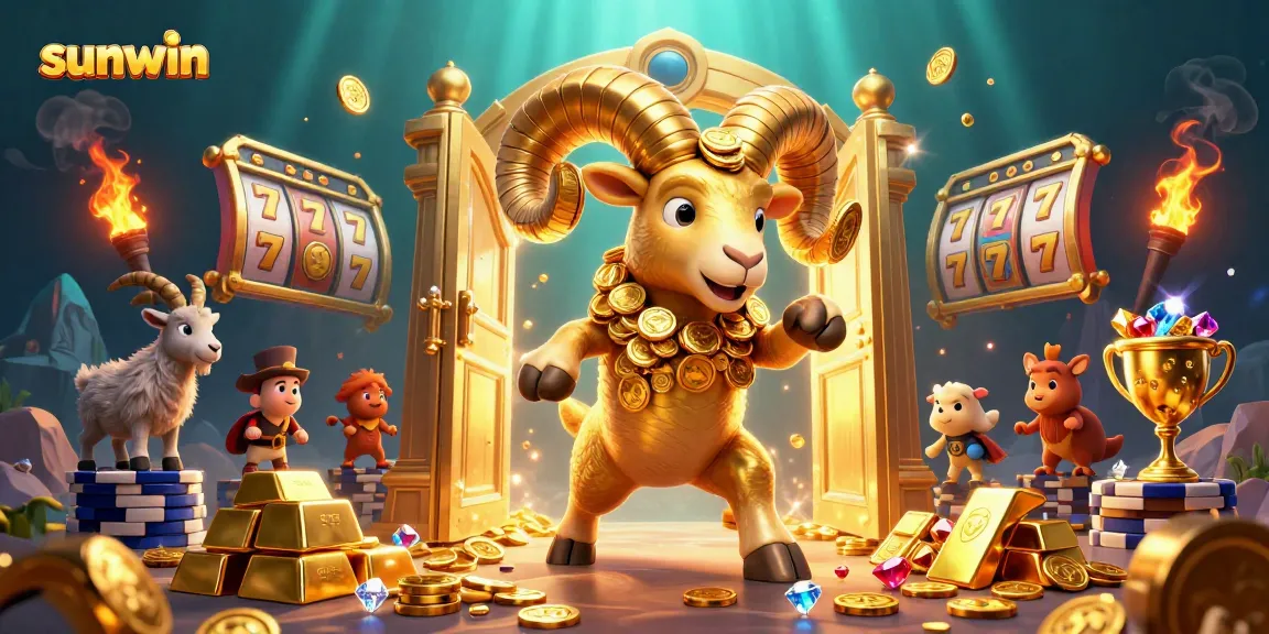 Experience thrilling gameplay at sunwin with a 3D illustration of a golden ram charging through a dazzling casino vault.