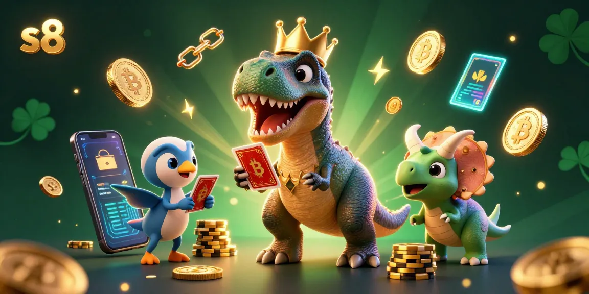 Engage with exhilarating gaming at S8 casino featuring a T-Rex and friends stacking chips in an electrifying atmosphere.