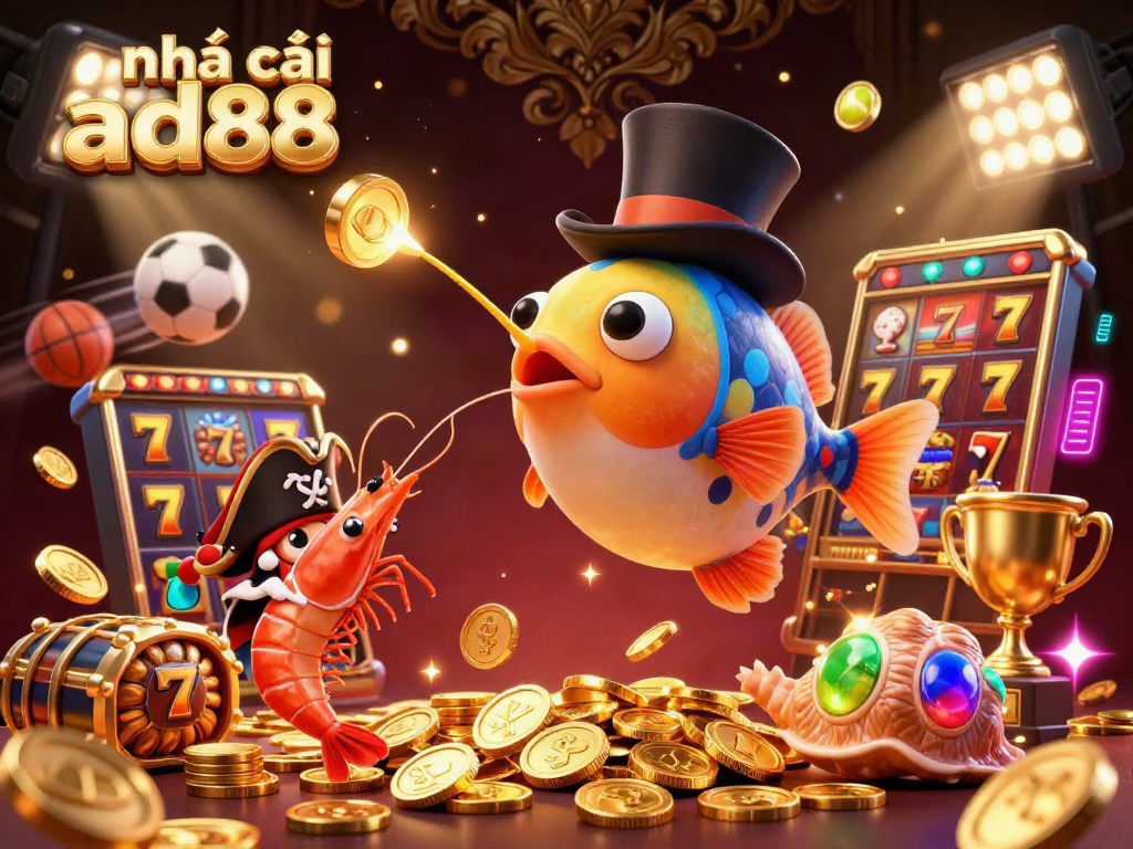 Explore the vibrant casino world of nhà cái ad88 with a dynamic illustration featuring animated elements and treasures.