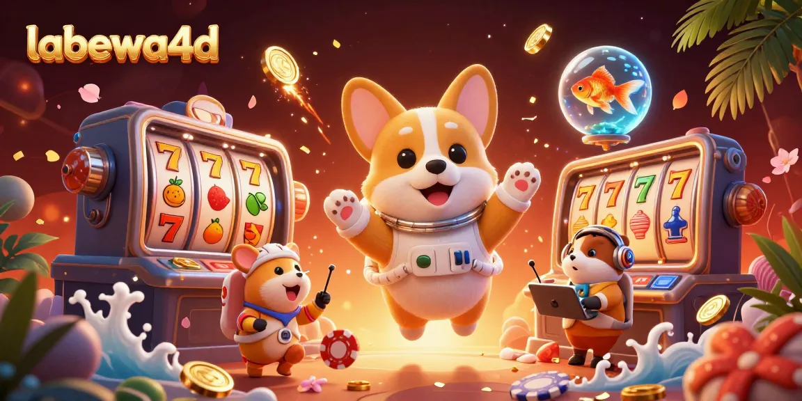 Menggandakan kemenangan di labewa4d dengan corgi astronaut dan simbol mesin slot yang berkilauan.