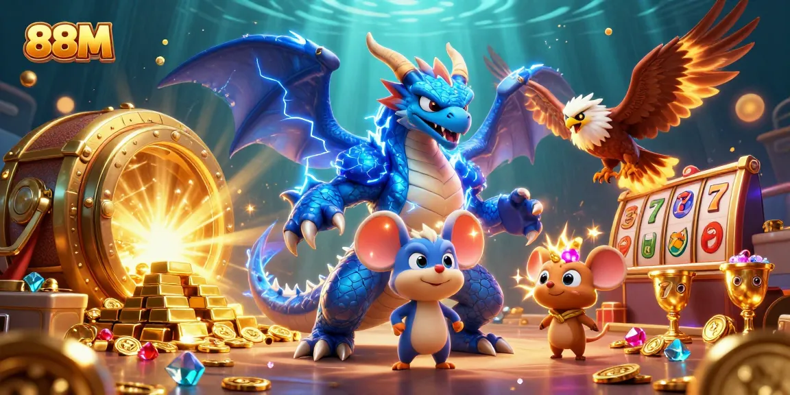 Win big at 88M with slot reels, jackpot symbols, and thrilling casino action alongside dynamic characters.