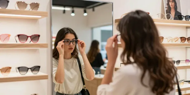 Uma mulher experimentando óculos de grau em boutique estilosa, cercada por diversas armações coloridas.