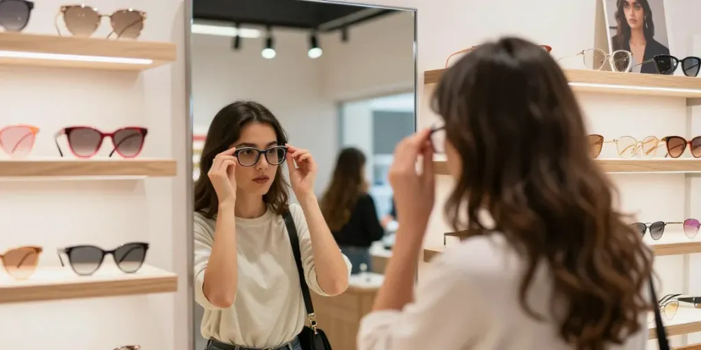 Uma mulher experimentando óculos de grau em boutique estilosa, cercada por diversas armações coloridas.