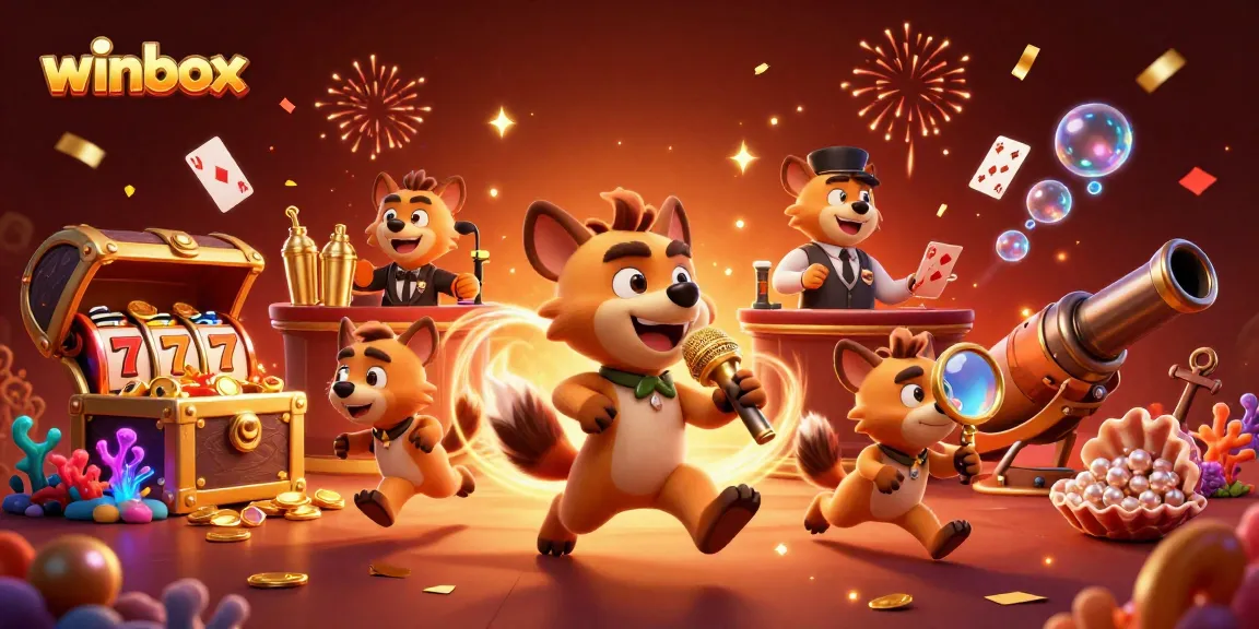 Winbox hyenas entertain in a vibrant 3D casino, showcasing games and excitement.
