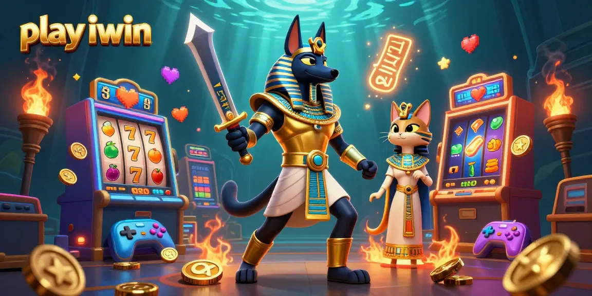 Play iwin with Anubis and Bastet amidst vibrant slot machines and golden coins.