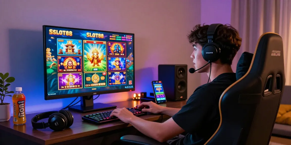 Player enjoying SLOT88 online games in vibrant living room setup with colorful graphics and gaming accessories.