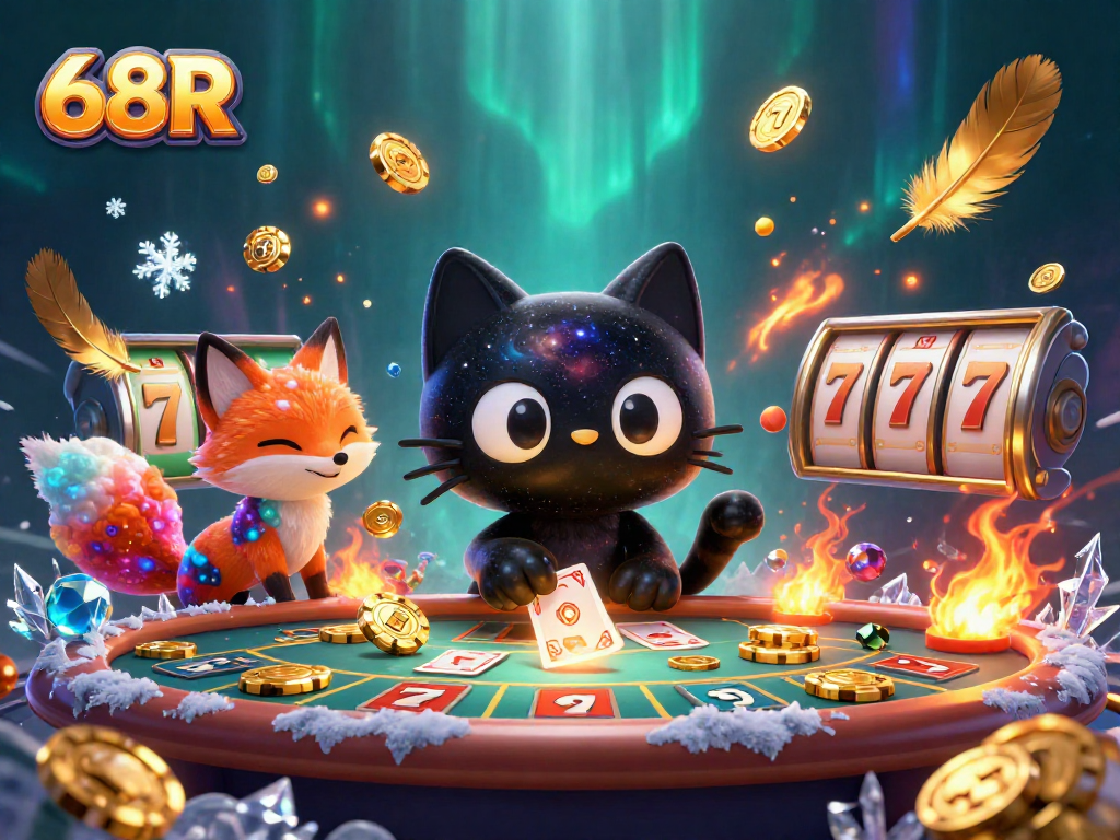 Imagem ilustrativa de cassino com 68R, mostrando gato e raposa cósmicos em ação com fichas e slot reels.