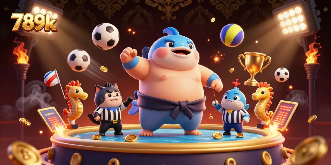 Engage in thrilling sports betting at 789k with lively 3D underwater scene featuring a sumo-fugu and cheering spectators.