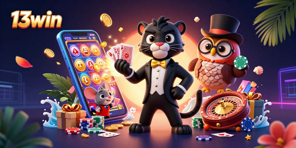 Experience the excitement of 13win with a stylish panther and friends in a vibrant casino scene.