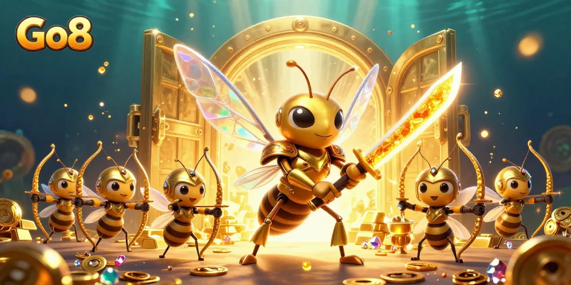 Experience the thrill of Go8 with a vibrant 3D casino scene featuring a golden hornet and treasure