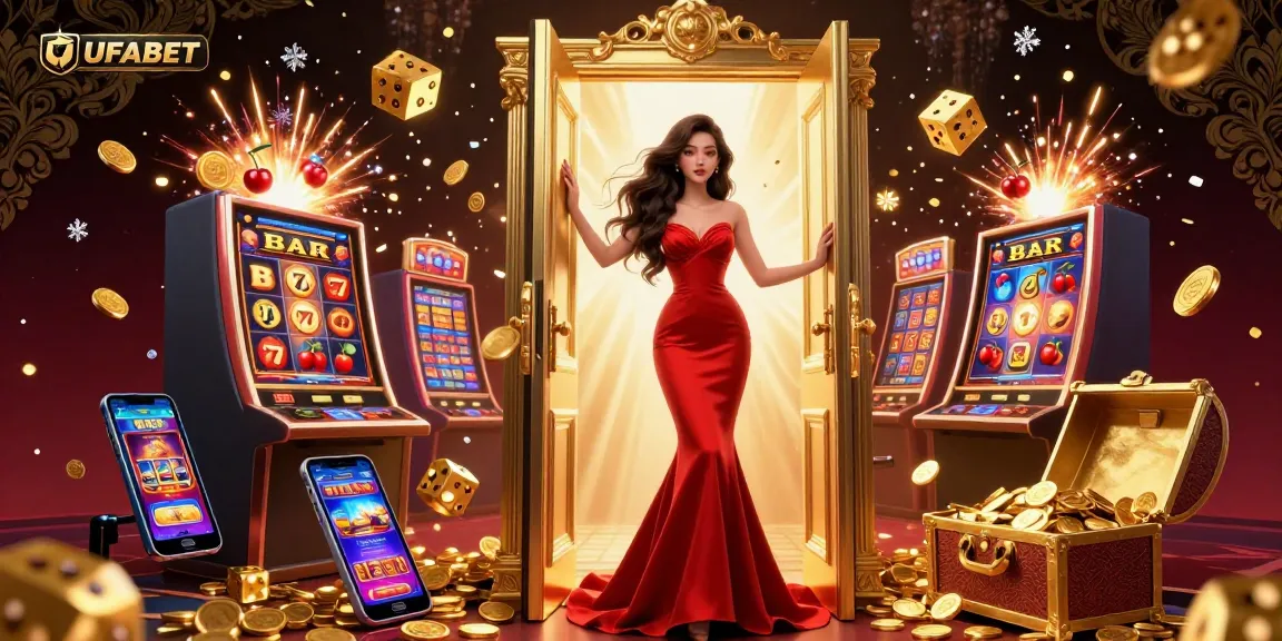 Experience UFABET's vibrant casino atmosphere, featuring a beautiful Asian woman and exciting slot machines bursting with gold.