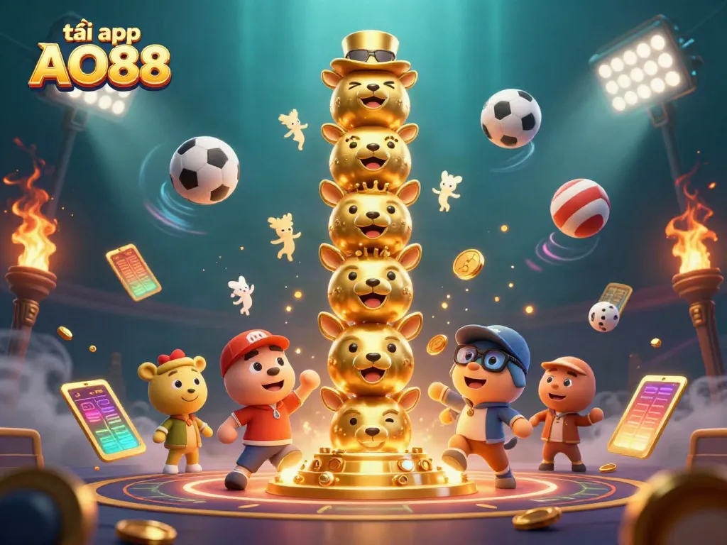 Engage in the excitement of tải app AO88 with a dynamic 3D casino illustration featuring a playful golden totem and sports elements.