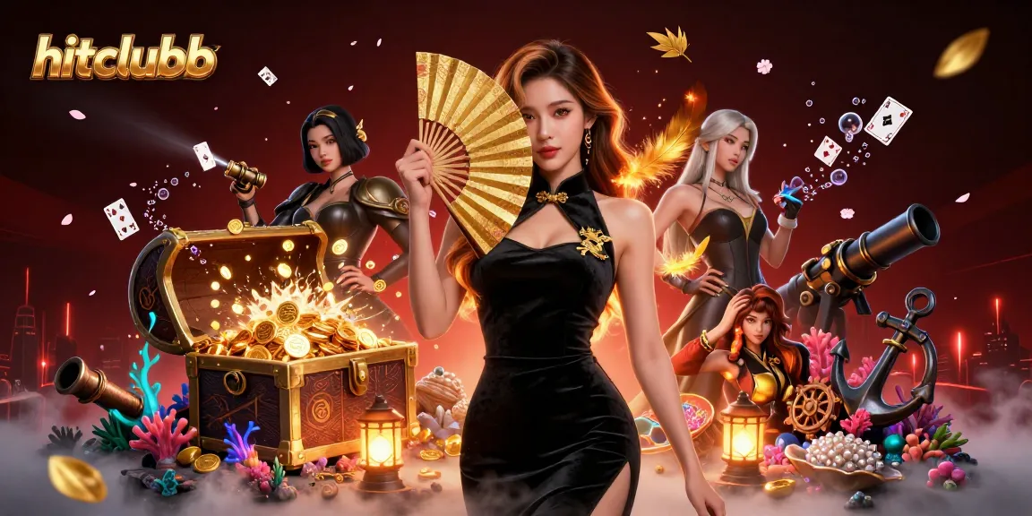 Engage in thrilling gaming adventures at hitclubb with vibrant scenes of treasure, cards, and casino excitement.