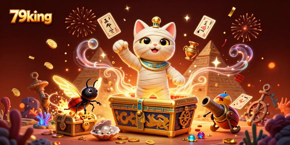 Experience thrilling moments at 79king with a vibrant 3D casino scene showcasing unique characters and games.