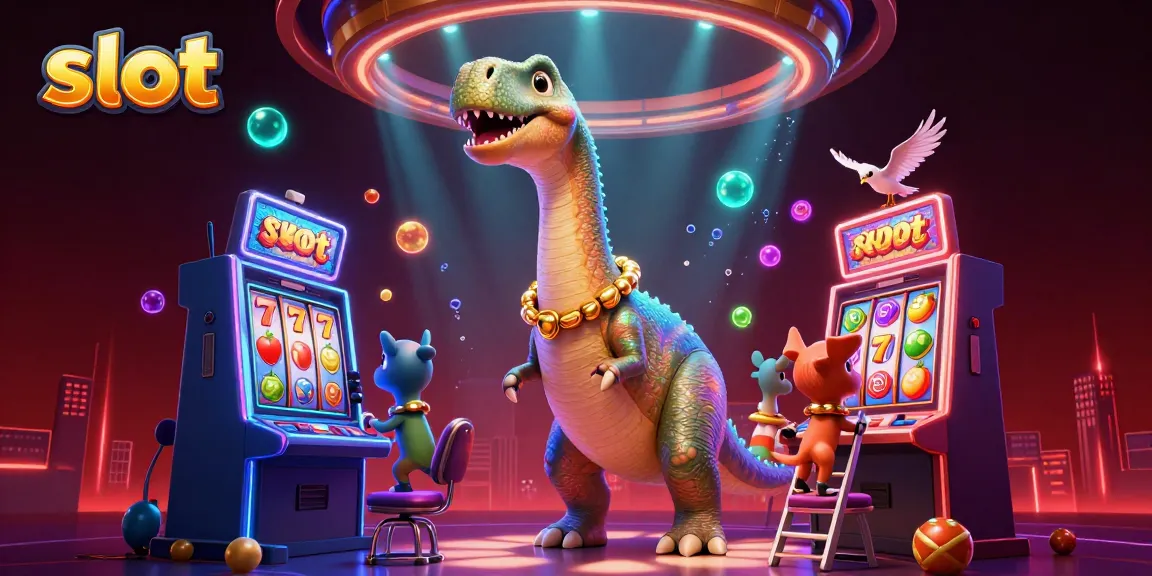 Spin the slot reels in an exciting casino scene featuring a giant brontosaurus and clever raptor.
