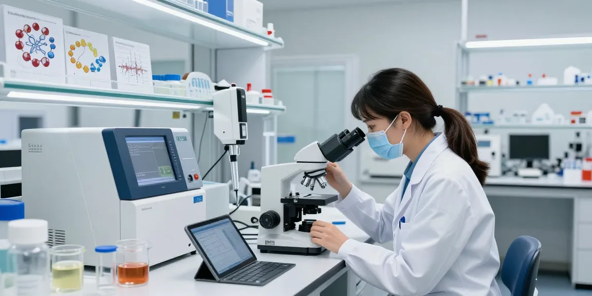 Copper peptide research prominently featured in a modern lab with a scientist examining samples through a microscope.