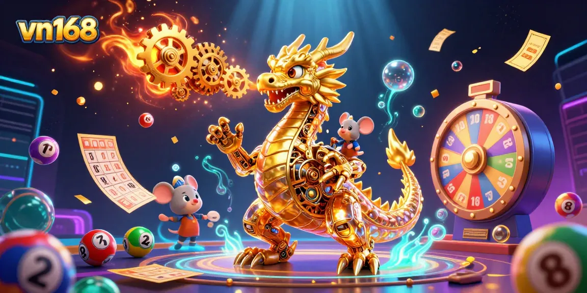 Experience thrilling wins at vn168 with a vibrant casino scene featuring a golden dragon amidst lottery excitement.