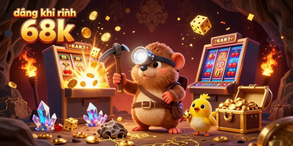 Win with đăng ký nhận 68k in a vibrant casino scene featuring treasure hunters and slot machines.