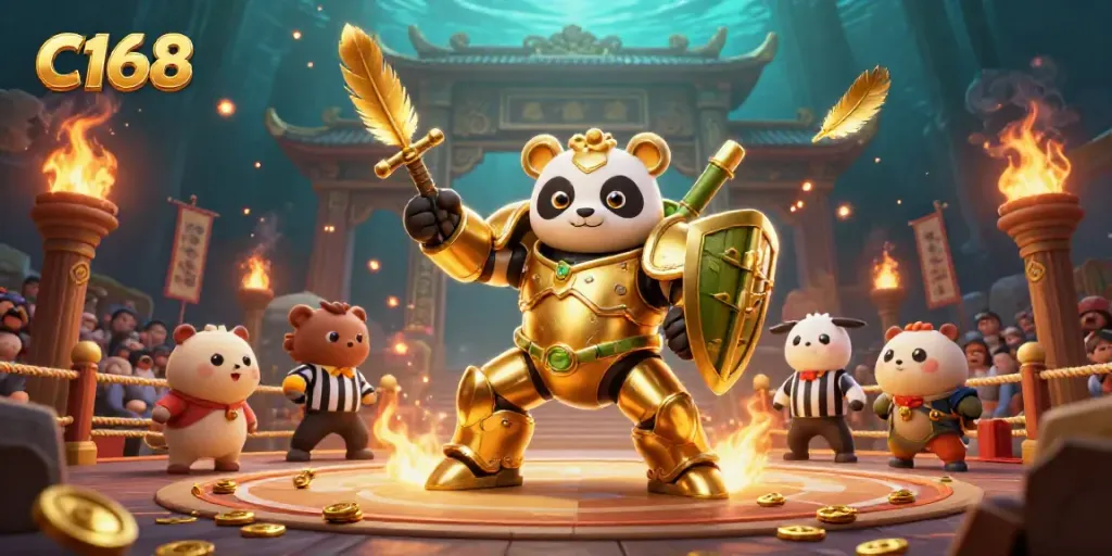 C168 showcases a mech-suit panda battling in an exciting arena filled with golden coins and cheering spectators.