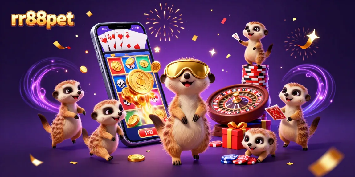 Experience the excitement at rr88pet with meerkats engaging in a vibrant casino scene filled with games and animated elements.