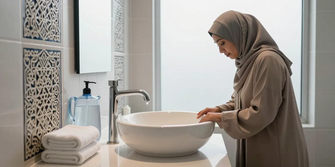 Ablution wash basin in a serene Islamic bathroom setting, showcasing elegant design and cultural elements.