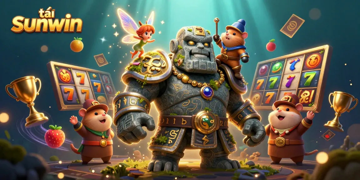 Tải sunwin, dive into thrilling slot games with our vibrant 3D illustration featuring a stone golem and magical companions.