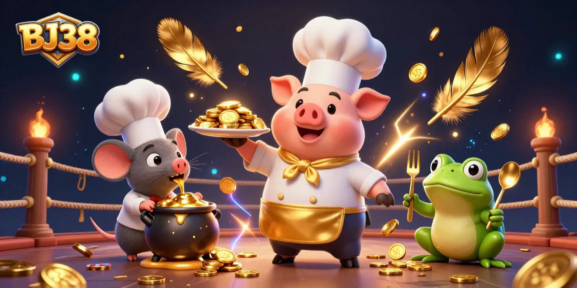 BJ38 showcases a 3D pig chef serving gold coins in a vibrant casino scene rich with betting tokens.