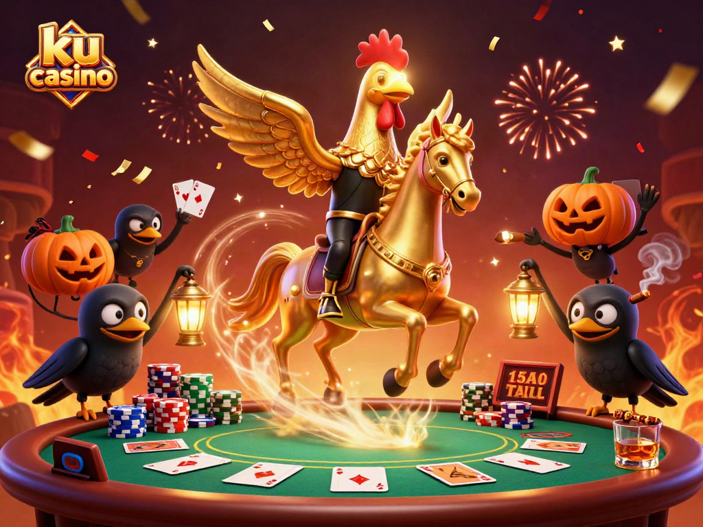 ku casino visualizes exciting poker action with a golden rooster and crows in a vibrant casino