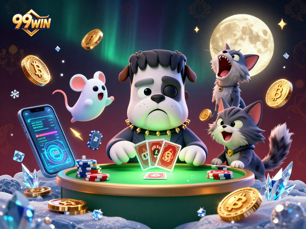 Engage in thrilling casino action with 99WIN's captivating atmosphere showcasing playful characters and dynamic game elements.