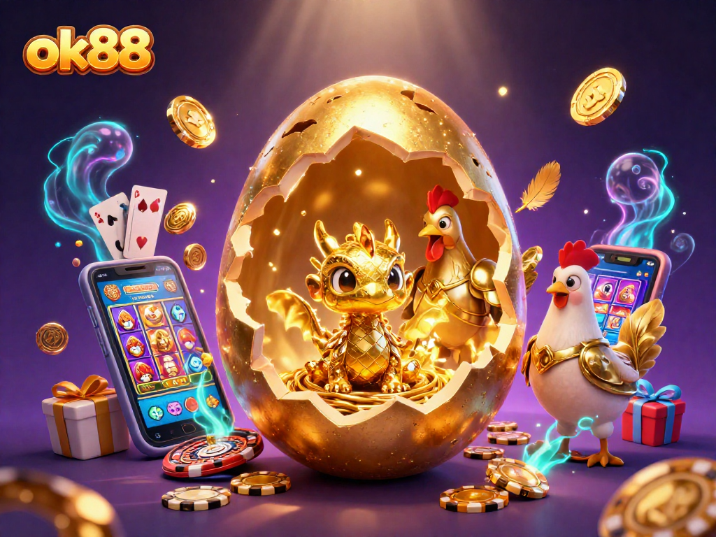 Experience thrill with ok88's golden dragon and poker chips in a vibrant casino scene