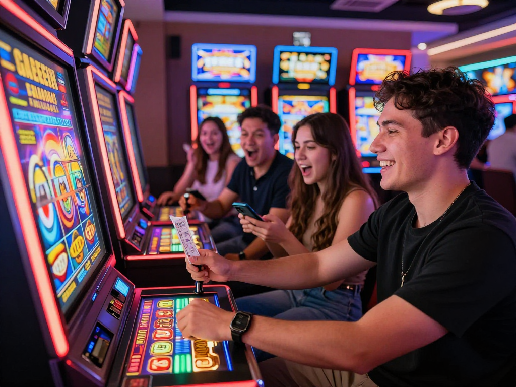 Players enjoying slot gacor machines in vibrant casino setting, showcasing excitement and camaraderie.
