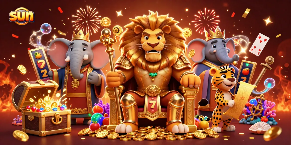 Experience vibrant sun-themed slot action with a majestic lion king amidst a dynamic casino scene.