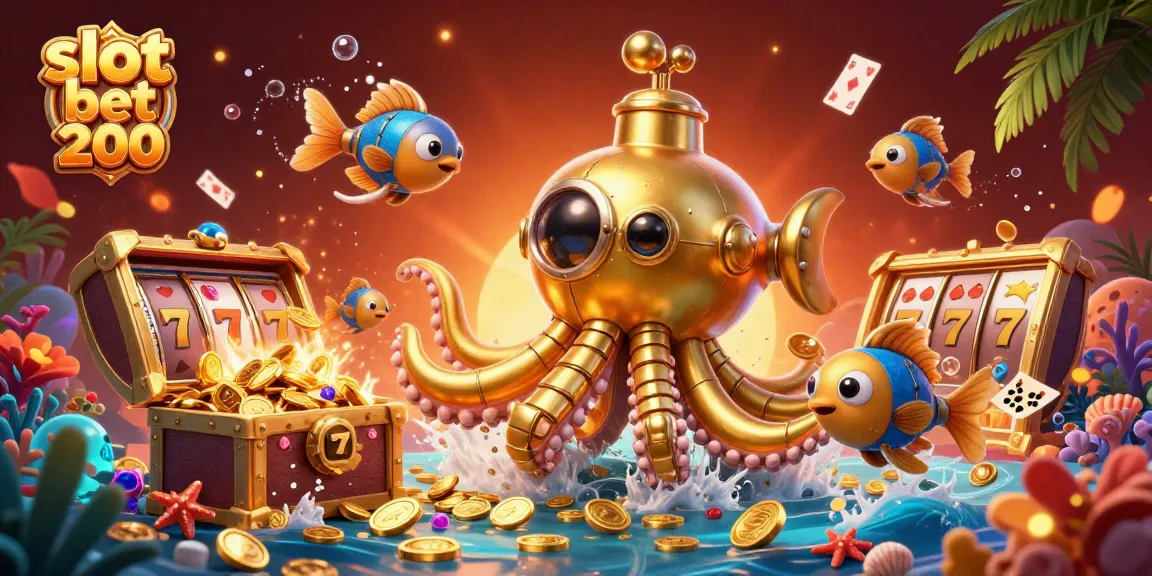 Experience the thrill of slot bet 200 in this vibrant online casino illustration featuring golden kraken and treasure.