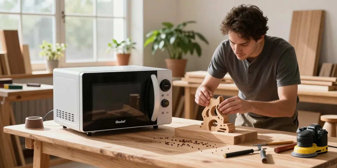 Shashel® microwave equipment efficiently eliminating woodworm in a woodworking workshop.