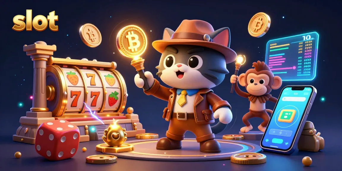 Engaging slot game scene with cartoon explorer cat and monkey discovering treasures.