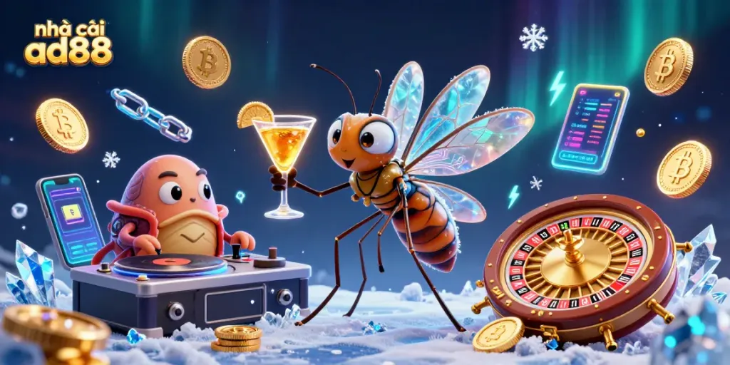 Engage with nhà cái ad88 as a whimsical 3D casino scene featuring animated characters and glowing cryptocurrency elements.