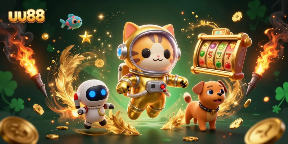 Experience thrilling moments with uu88 as a cartoon astronaut cat plays slots in a vibrant galaxy.