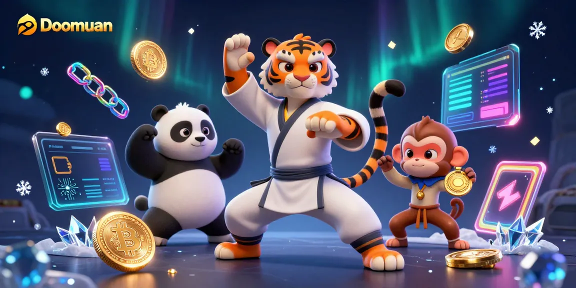 Doomuan sportsbook analysis showcases the kung fu tiger master and panda disciple amidst neon crypto elements, emphasizing winning strategies.