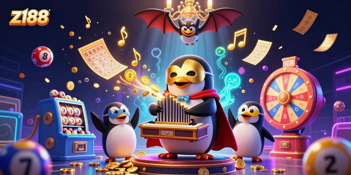 Engage with exciting z188 gameplay featuring a penguin and vibrant game elements in a lively casino scene.