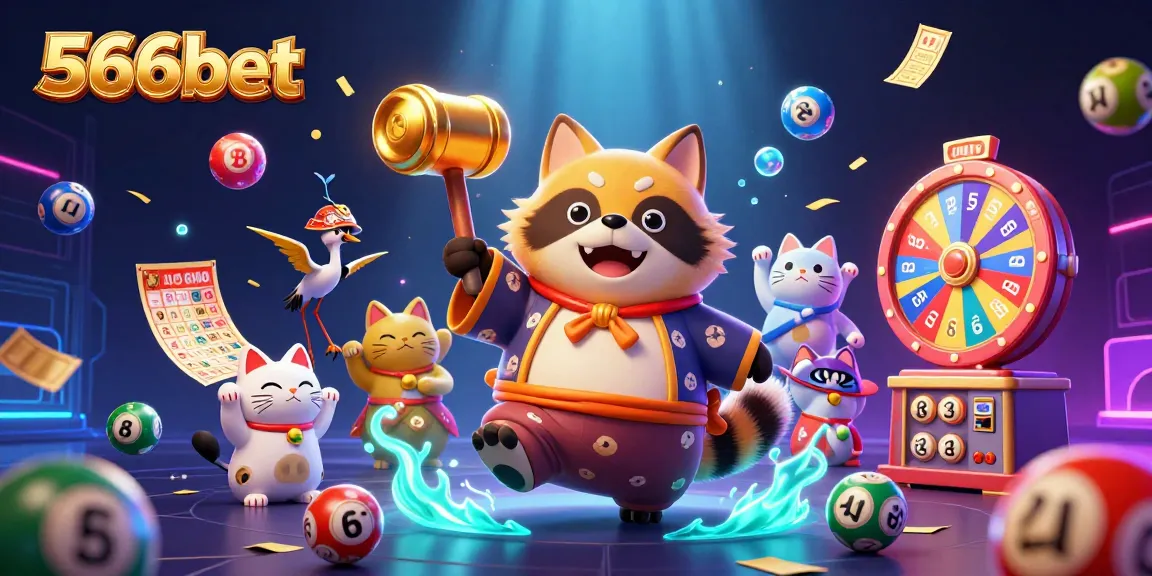 Engage with thrilling games at 566bet, featuring a cheerful tanuki and lively lottery elements.