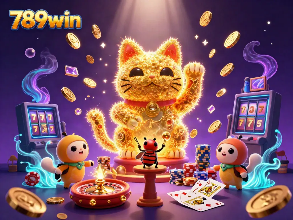 Catch the excitement of 789win with a giant lucky cat made of golden fireflies during a casino explosion of fun.