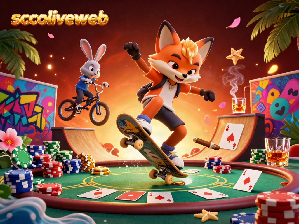 Experience the excitement at socoliveweb with a dynamic 3D fox skateboarder and rabbit BMX rider in a casino-themed illustration.