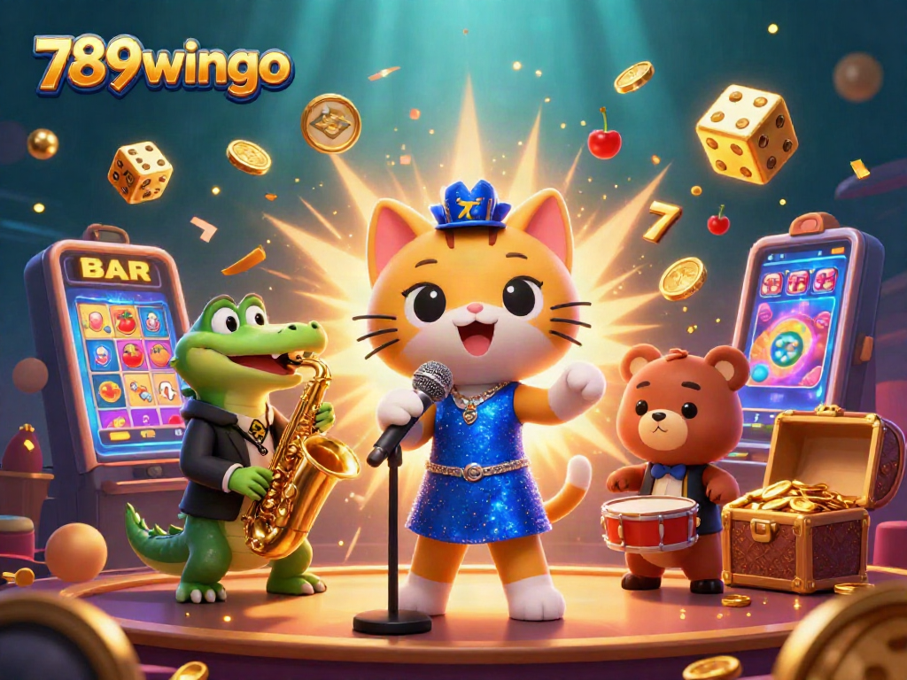 Join the excitement at 789wingo with vibrant slots and jazz at this playful casino scene.