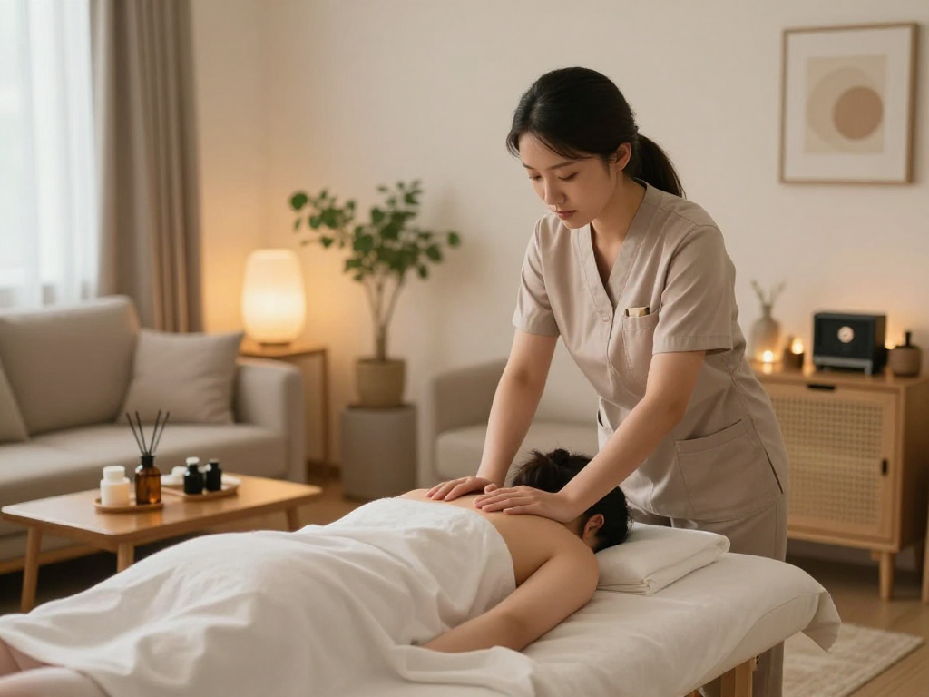 Relaxation scene of 고양출장마사지 in a cozy home setting with therapist and client.