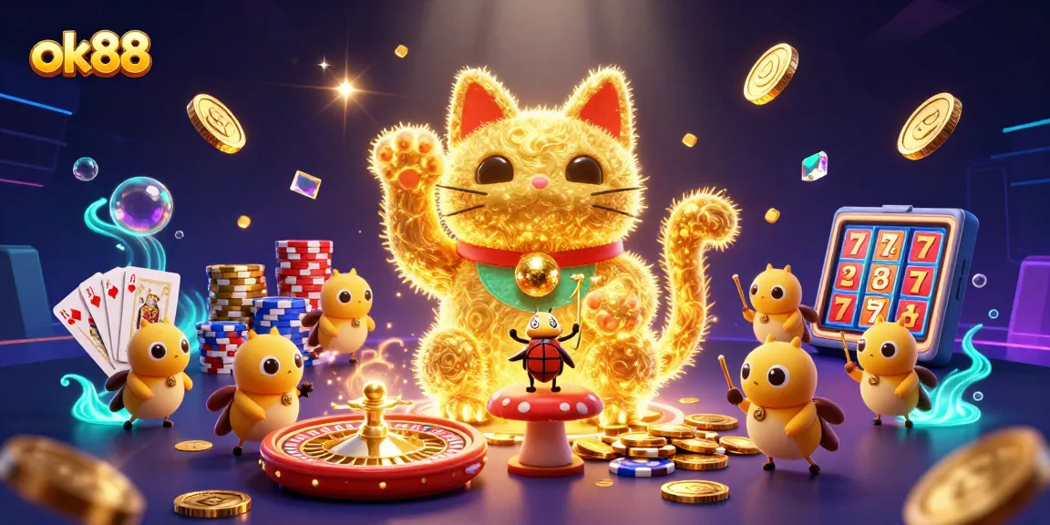 Engage with ok88’s dynamic gaming realm, featuring a lucky cat formed by golden fireflies and casino symbols.